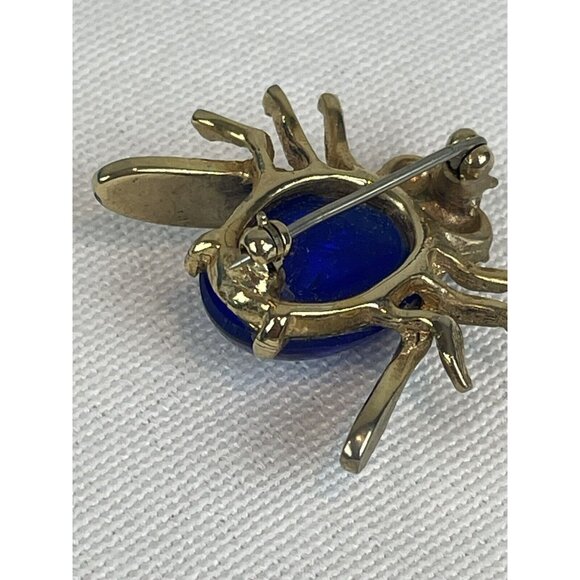 Vintage Faux Lapiz Lazuli Fly Insect Brooch Gold Tone Blue Rhinestone Eyes - Picture 6 of 8